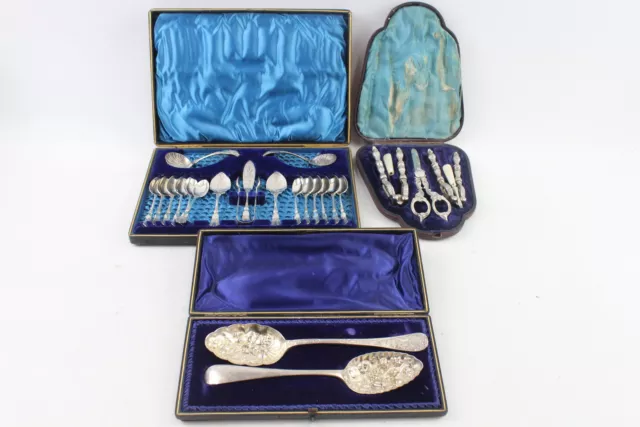 Vintage Cutlery Set Grape Shears Nut Cracker Set & EPNS Berry Spoon Set x 3