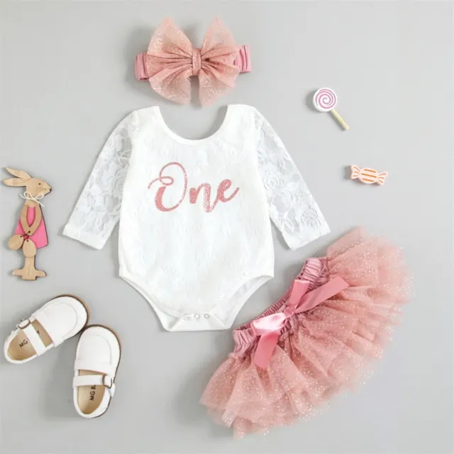 3PCS Baby Girls 1st Birthday Dress Outfits Toddler Clothes Romper Skirt Set