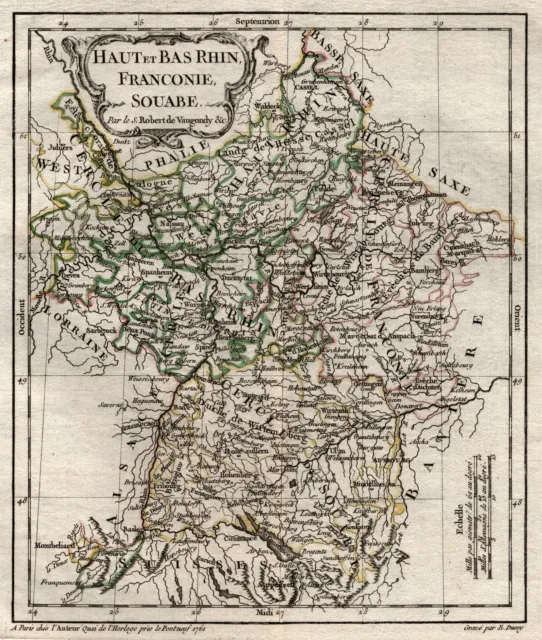 Sur de Alemania Hessen Original Grabado Mapa de País Robert De Vaugondy 1761