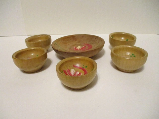Vintage Miniature Floral Hand Painted Wooden Bowl Set of 6