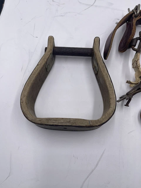 Vintage PAIR WESTERN SPURS HAND FORGED IRON TOOLED LEATHER STRAPS 3