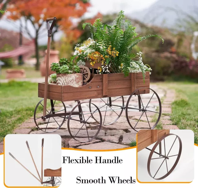 Wooden Wagon Wheel Small Decorated Cart Garden Planter Divider Handle Porch Pots 3