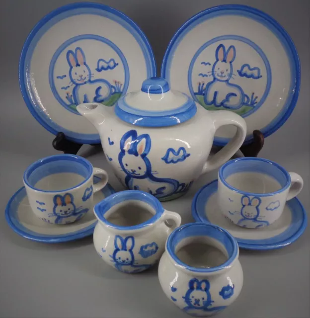 M A Hadley Rabbit Bunny Tea Set Teapot 2 Cups Saucers Sugar & Creamer 2 Plates