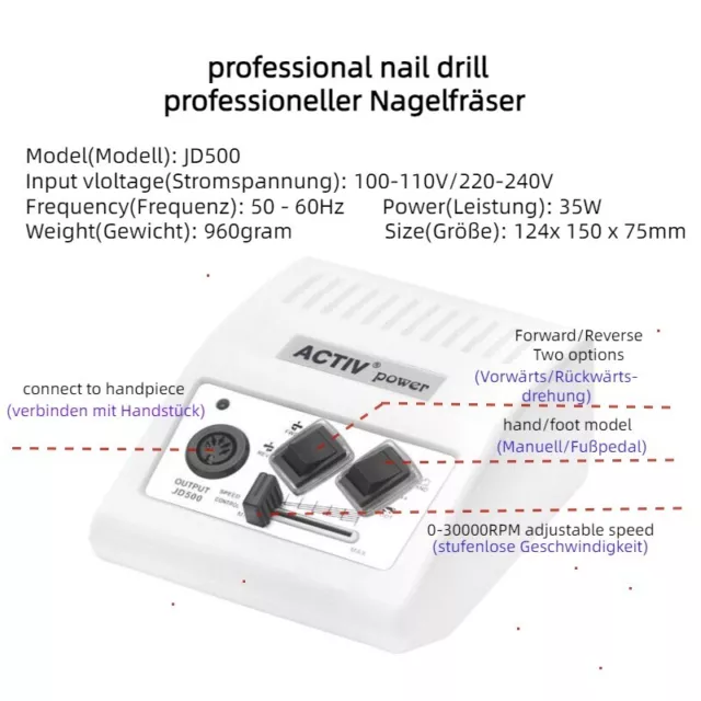 JSDA® elektrischer Nagelfräser Set-JD 500 mit Fußpedal-Professionell 2