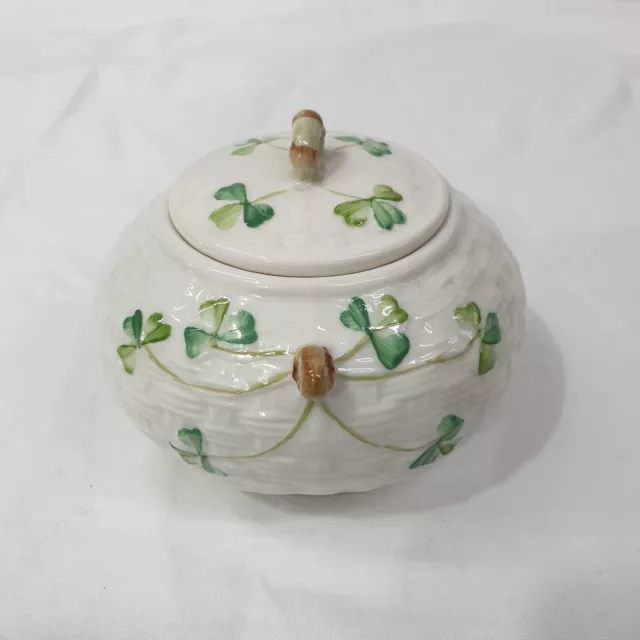 Belleek Ireland Shamrock Sugar Bowl Basket Weave with lid 11th Mark 2001-2007 2