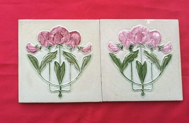 2 Piece Old Art Deco Floral Design Embossed Majolica Ceramic Tiles England 0158