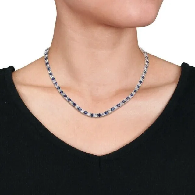 16CT Round Lab-Created Sapphire Diamond Tennis Necklace 14k White Gold Plated