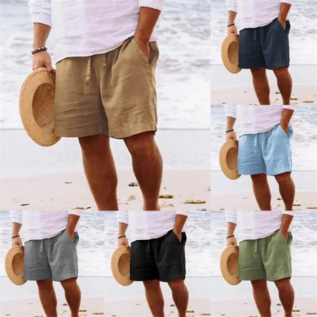 Mens Cotton Linen Shorts Summer Beach Casual Drawstring Chino Loose Short