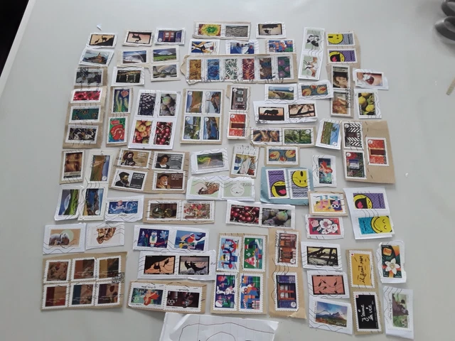 LOT DE + de 100 timbres France sur fragments oblitérés autocollants EUR