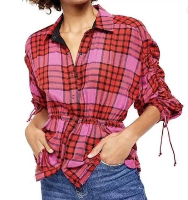 Free People Pacific Dawn Shirt Pink Red Plaid Snap Button Down Size M