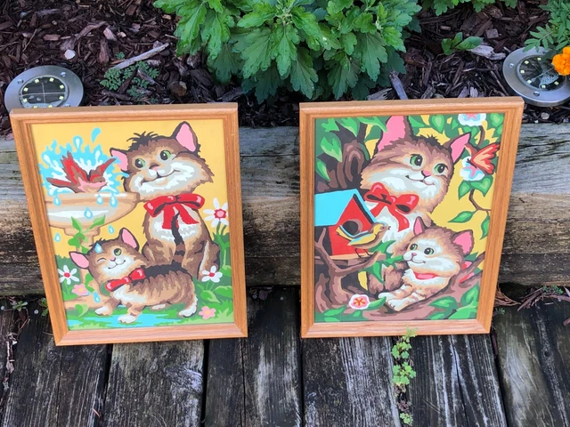 Cat Kitten Paint By Number Framed Glass Front Art Birdhouse Birdbath Vtg Pair