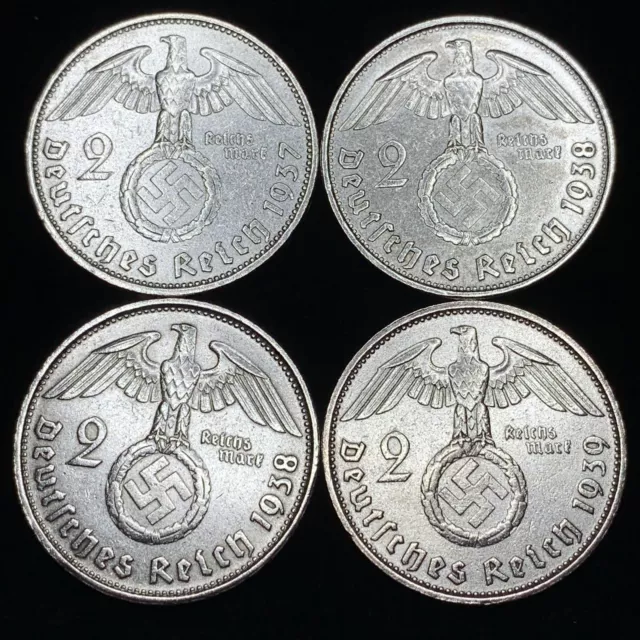 4 Coin Lot Rare Third Reich WW2 German 2 Reichsmark Hindenburg Silver Coins