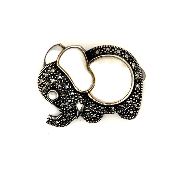 Vintage Sterling Silver Elephant Pin Mother Of Pearl & Marcasites