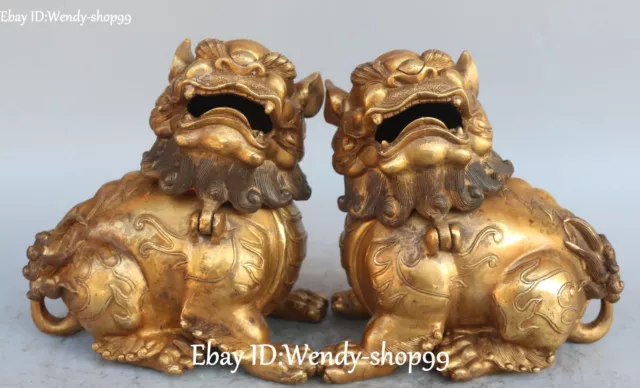 Old Purple Bronze Gilt Foo Dog Guardian Lion Beast Incense Burner Censer Pair