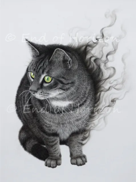 Poster Katze, getigert, grüne Augen, schwarz, Rauch, Kohle, Kunstdruck, A3