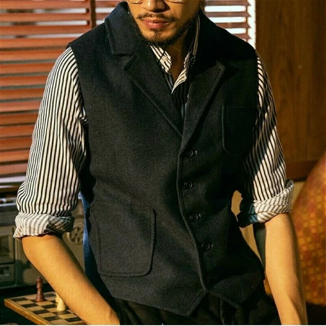Uomo Tweed Gilet Lana a Spina di Pesce Gilet Rétro Gilet Formale Casual Top Tuta