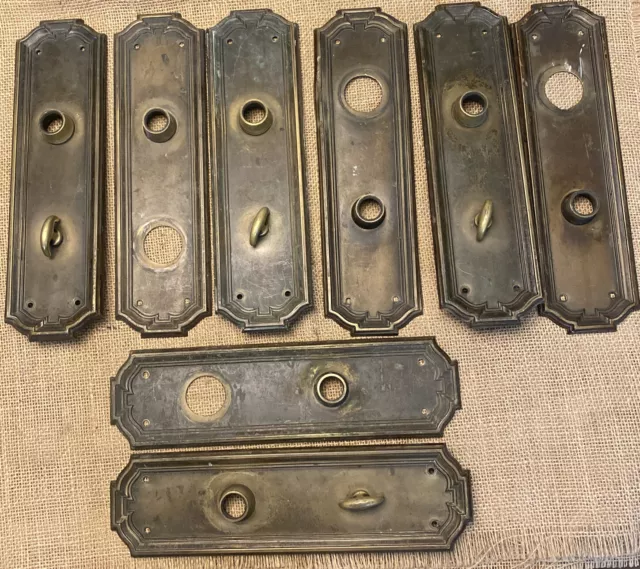 Lot Antique Stamped Brass  Door Plates Escutcheons 8 Pieces 4 with lock knobs
