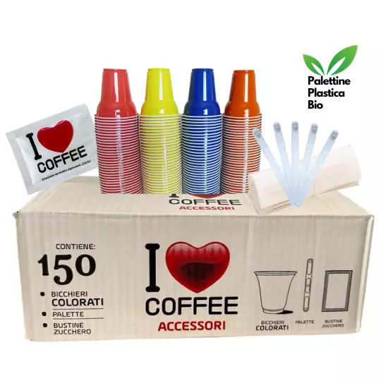 4 Kit Accessori Per Caffe' 600 Bicchieri 600 Bustine Di Zuc 600 Palette Plastica