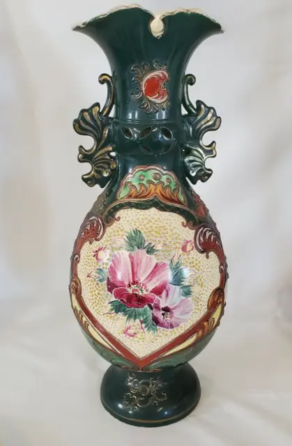 Antique Large 19 Inch Japanese Satsuma Moriage Style Floor  Vase HP Early 1900's