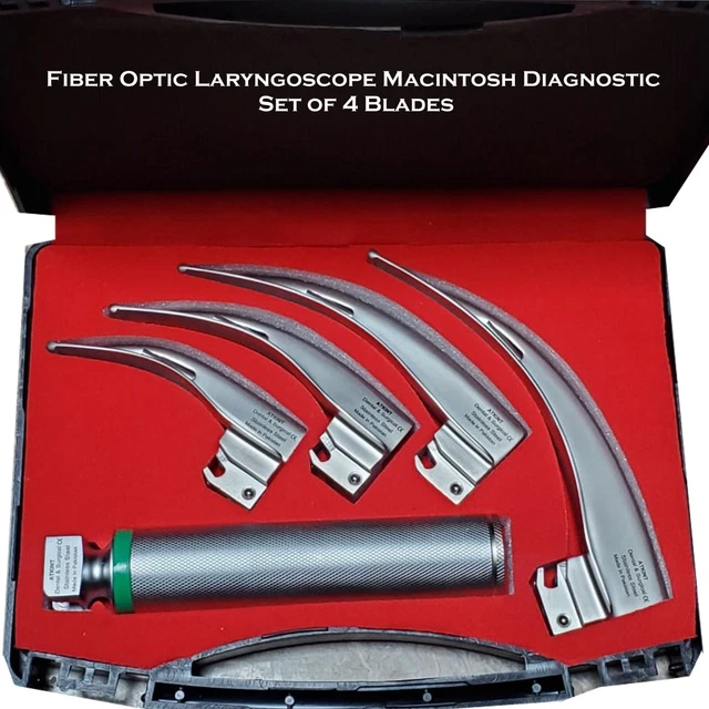 FIBER OPTIC LARYNGOSCOPE Macintosh Diagnostic Set 4 Blades and Battery