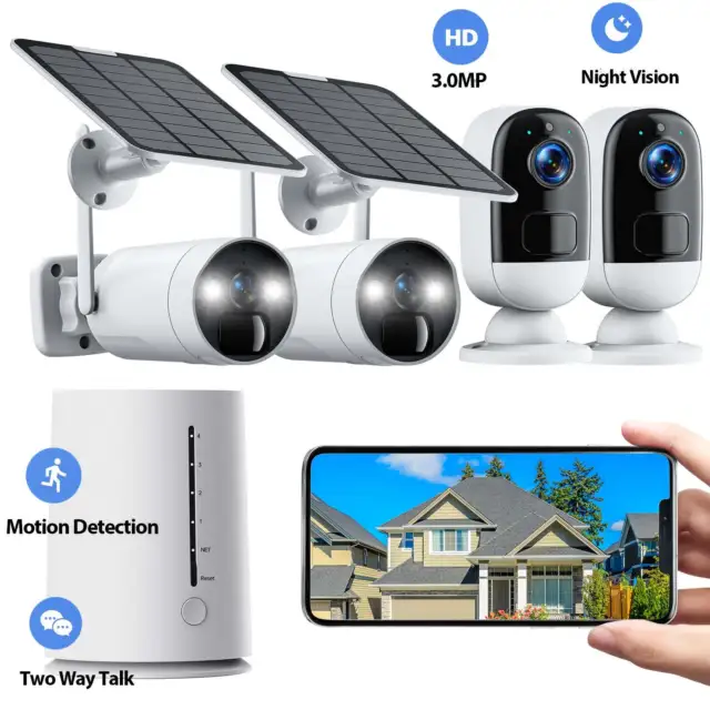 Wireless Solar Powered Security Camera System Outdoor & Indoor CCTV Battery Cams