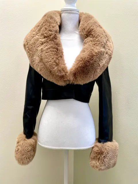 Azalea Wang Gisele Black/Brown Vegan Leather Faux Fur Cropped 3:1 Jacket-NWOT-M