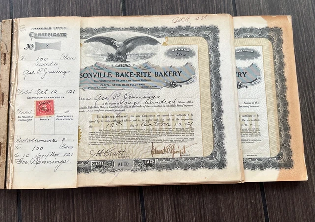 ONE ANTIQUE 1920S Watsonville Bake-Rite Bakery Stock Certificate Share ...