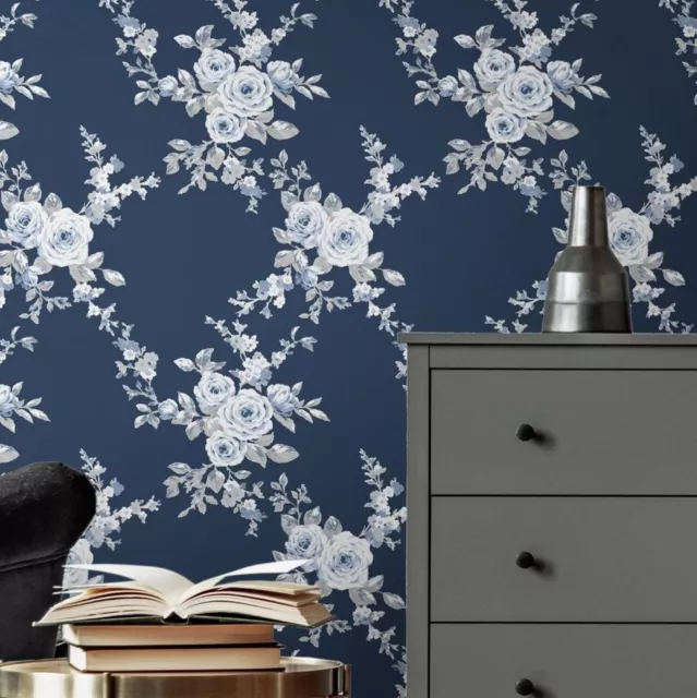 Muriva Catherine Lansfield Canterbury Floral Bouquet Blue Wallpaper
