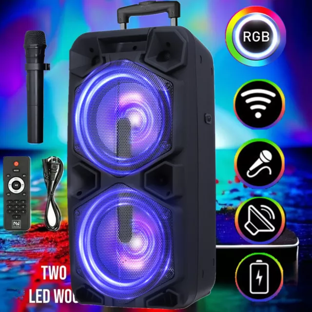 9000W Bluetooth Speaker Rechargable Dual 10" Subwoofer Party Karaok DJ LED Mic