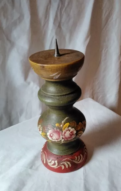 Folk Art Tole Painted Turned Wood Pillar Candle Holder W/ Pink Roses & Red Base