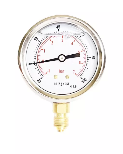 Compound Pressure Vacuum Gauge Glycerine Filled 63mm -1/+7 Bar -30*Hg/+100 PSI