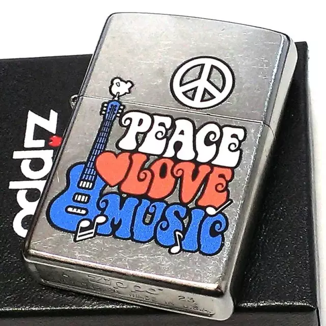 Zippo Oil Lighter Peace Love Music Street Chrome Silver Brass Regular Case Japan