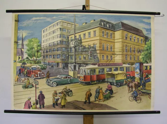 schönes Wandbild Straßenkreuzung wohl Wien Motorrad Auto Tram 98x66~1955 vintage