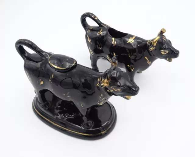 Antique Victorian Staffordshire Jackfield Pottery Pair Black Cow Creamers 3