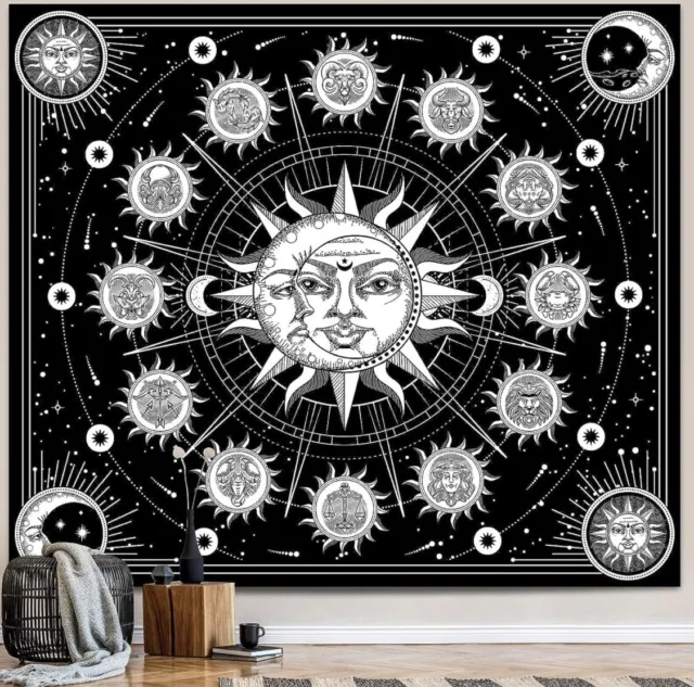 Zodiac Astrology Tapestry Black and White Retro Constellation  59W in x 51 H in
