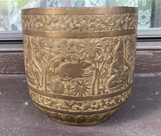 Antique Brass Middle Eastern Persian  flower pot planter vase w/figures animals