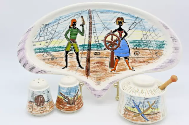 Folk Art Pirate Themed Breakfast Set Tray Salt Pepper Jam Jar Vintage Jamaica