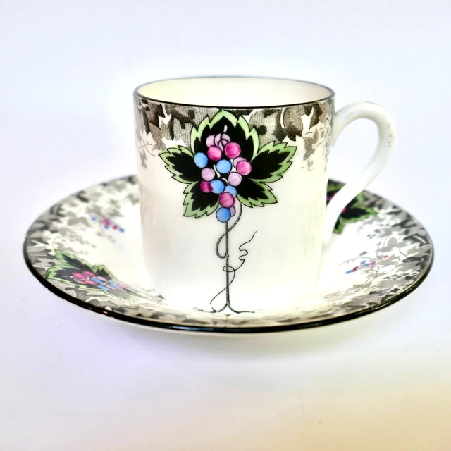 Shelley Vincent Demitasse Cup Saucer Black Grape Vine 11588 1927 Antique
