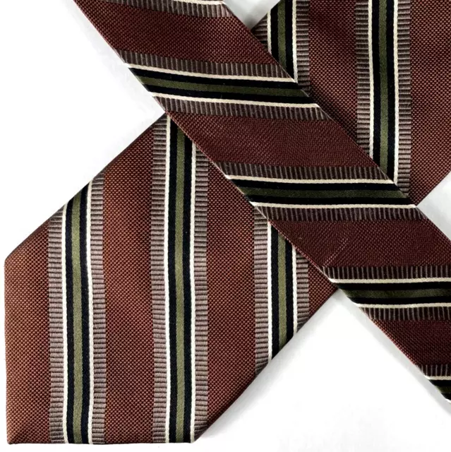 Jos A Bank Mens Tie, Brown White Green Striped Pattern, 100% Silk