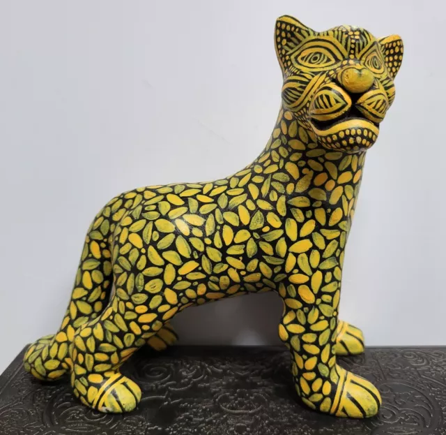 Mexican Jaguar Figurine - 6" black/gold Folk Art Pottery