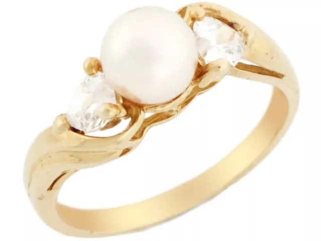 10k or 14k Yellow Gold Freshwater Cultured Pearl & Heart CZ 3 Stone Ladies Ring