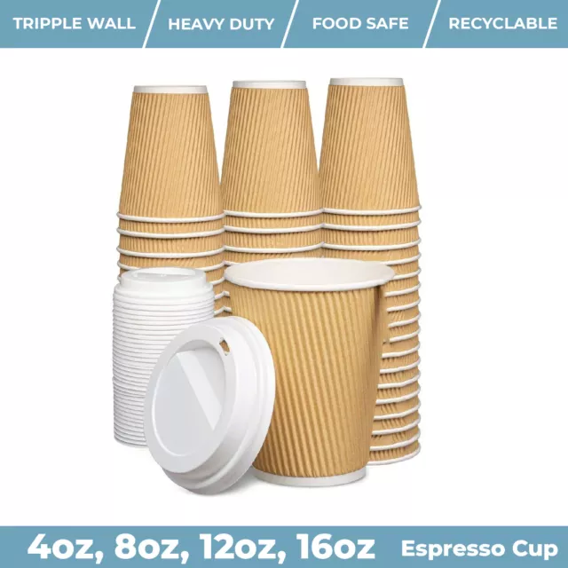 4/8/12/16oz Insulated Ripple Disposable Cup Paper Coffee Brown Cups / White Lids