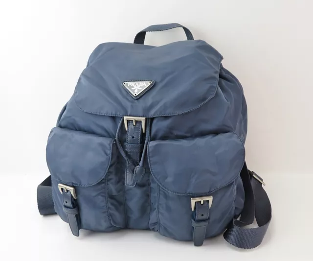 Authentic PRADA Airforce Blue Nylon and Leather Backpack Bag Purse #56037