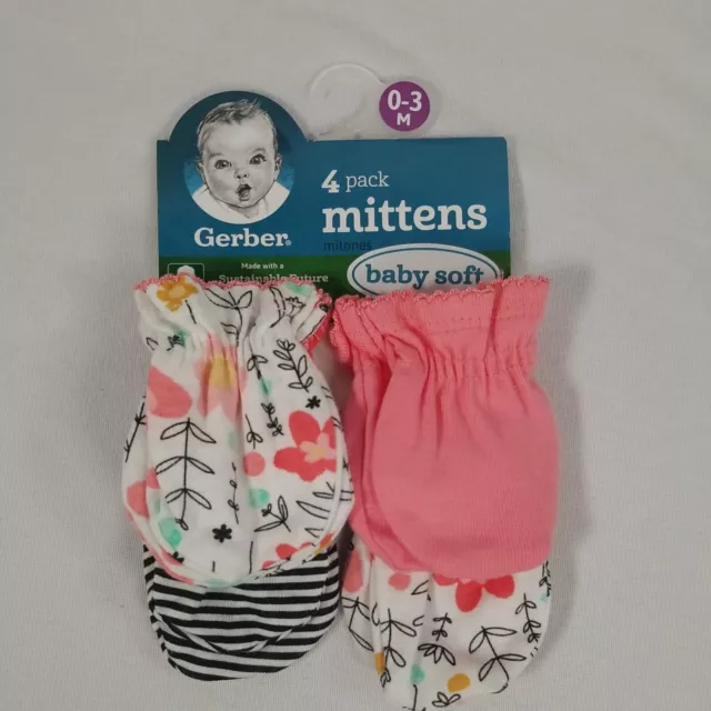 New Gerber Baby Girls 4 Pack Cotton Mittens Size 0-3 Months