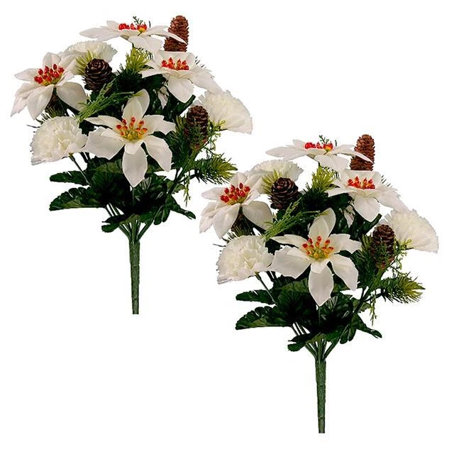 2 x 39cm Artificial Ivory Poinsettia & Carnation Pine Cone Flower Christmas Bush