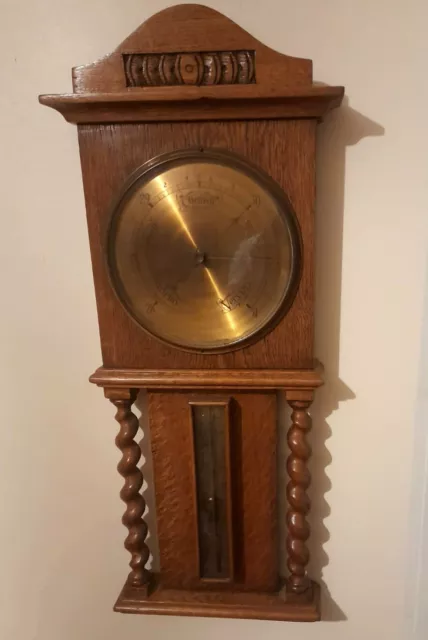 Antique Oak & Brass Barometer Withbarley Twist Columns Vintage Wooden