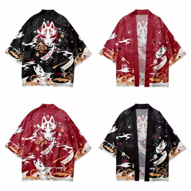 Uomo Larga Kimono Cappotto Giacca Haori Top Cardigan Fox Giapponese Asian Rétro