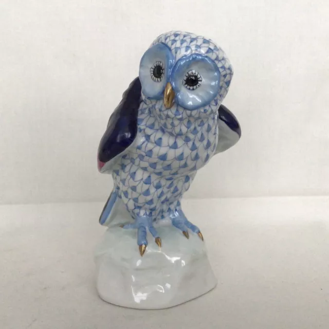 Herend Hungary.  Hand Painted Blue Fishnet Owl On Rock.  Perfect