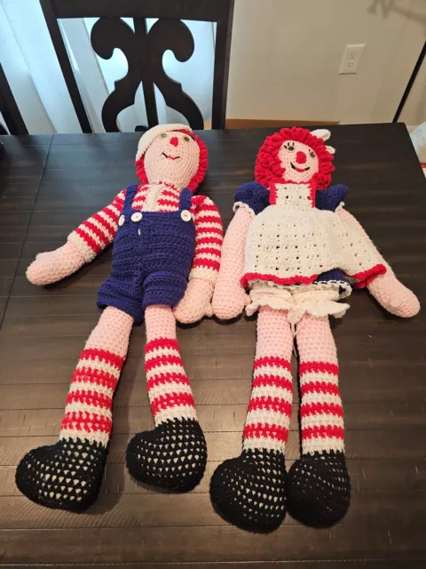 Raggedy Ann and Andy Dolls, Vintage Extra Large 31" Hand-Crocheted Very Nice