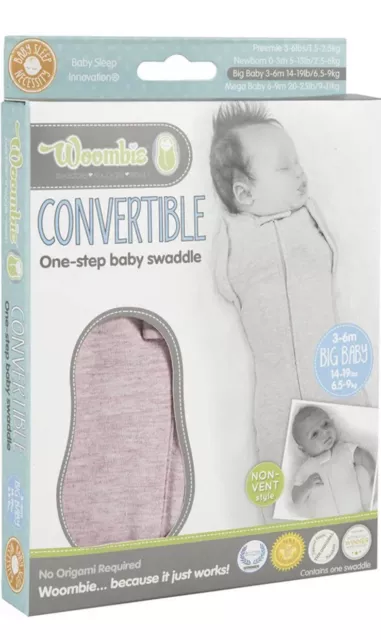 Woombie Convertible Swaddle Baby Sleep 3-6 Months 14-19 Lbs Pink Posey Brand New
